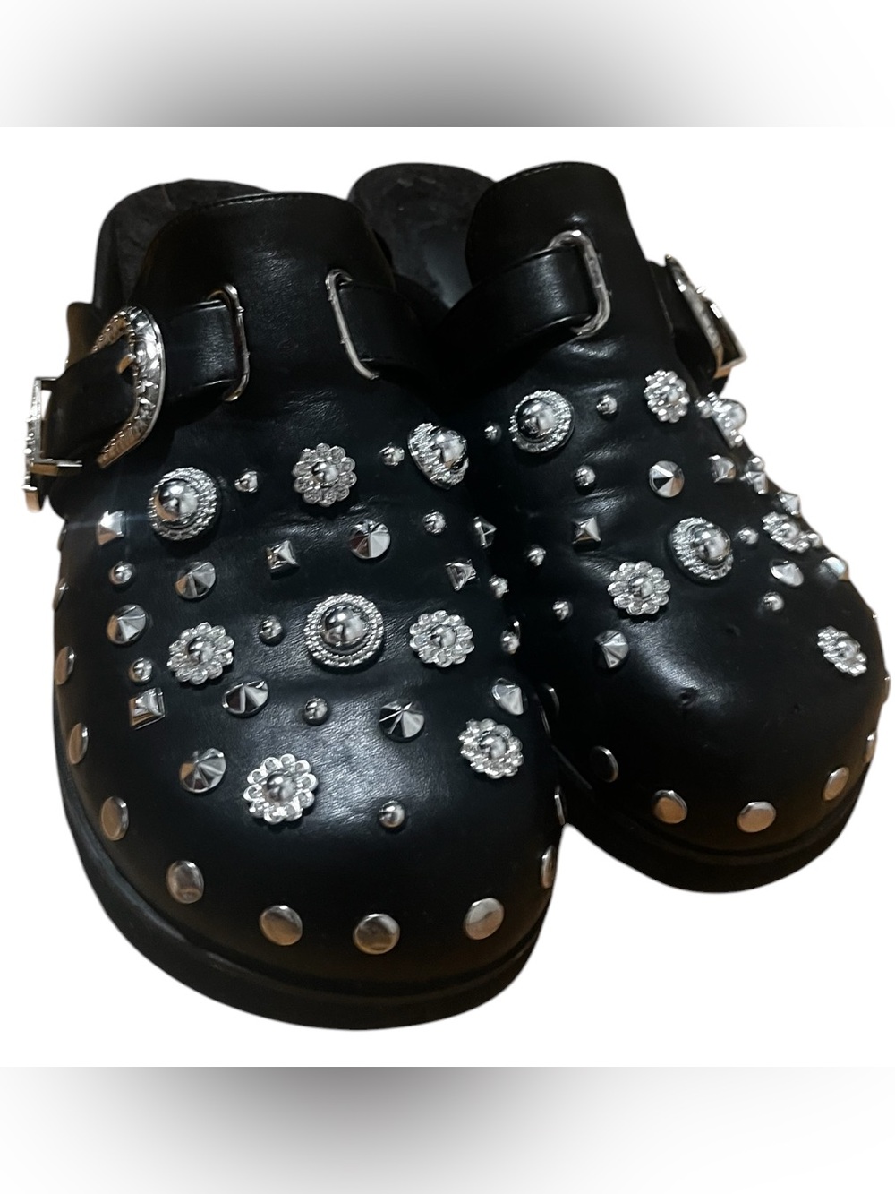 Black Studded Embellished Leather Clogs